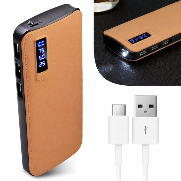 Повербанк 20000 мА&middot;ч 3&times;USB LCD-дисплей корпус из экокожи, коричневый PB-20BR фото